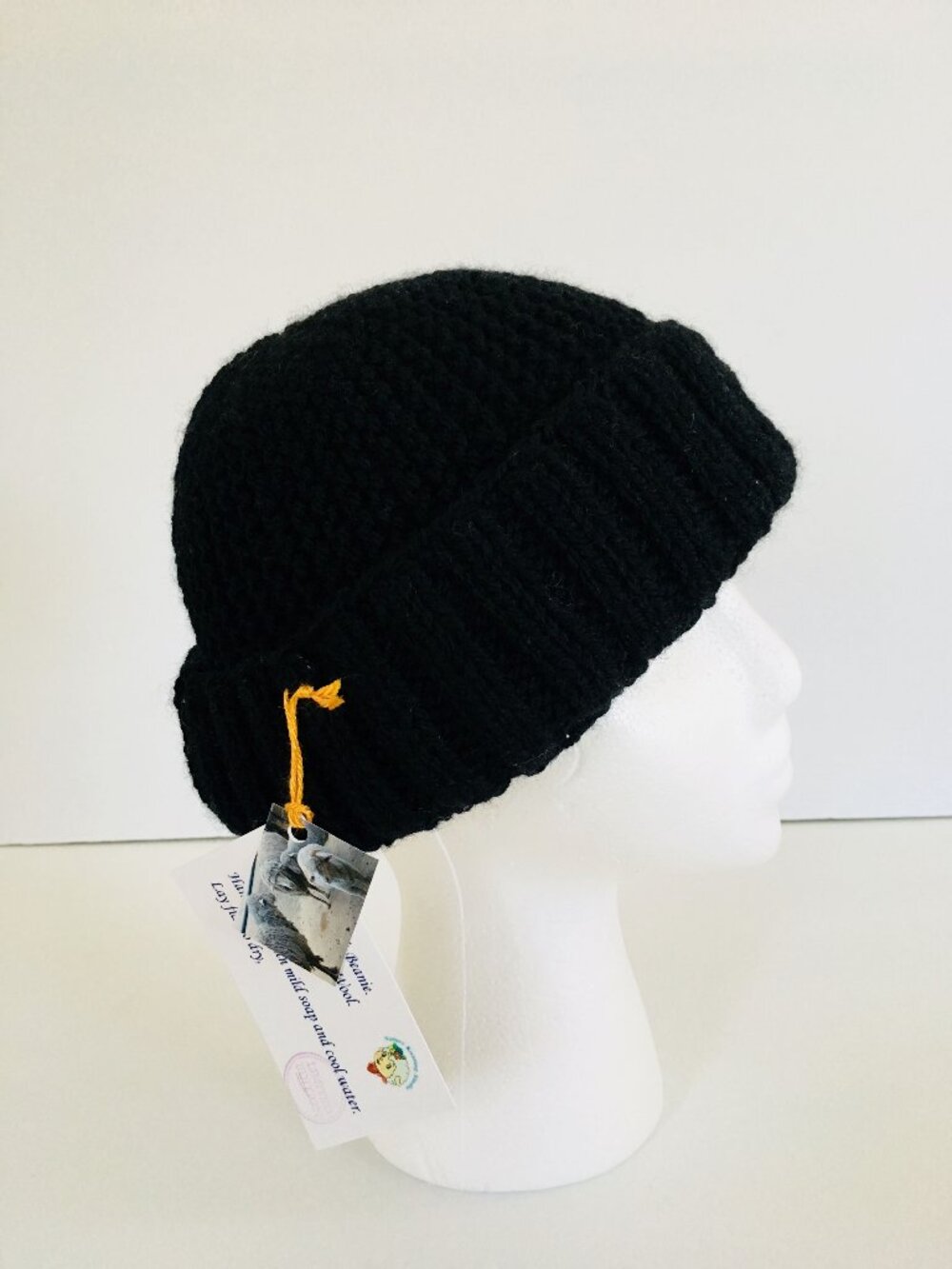 NWT. Black Adult Wool Beanie. Stretchy. Handknit @Nature Knitting Studio.